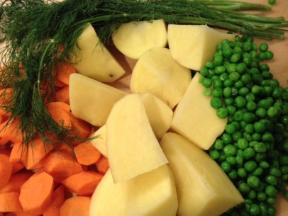 carrots, potatoes, peas and dill