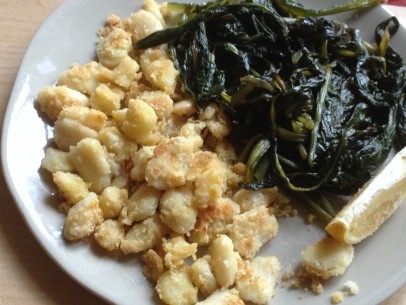 crispy fried lima beans and dandelion greens