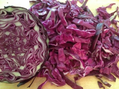 slice red cabbage into thin strips