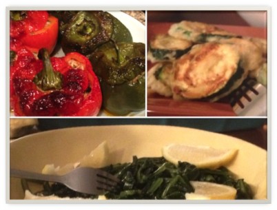 horta/dandelions, stuffed peppers and fried squash