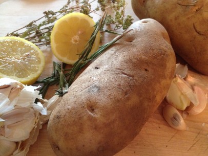 lemon, garlic, rosemary, oregano, olive oil, potatoes