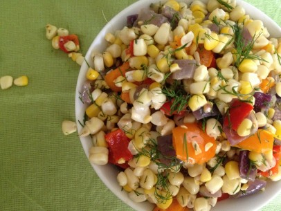 grilled corn salad with bell peppers, red onion and fresh dill