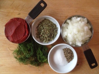 tomato paste, salt,, pepper, Greek oregano and onions