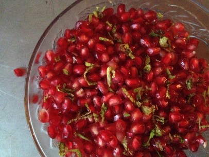 pomegranate seeds with chopped mint