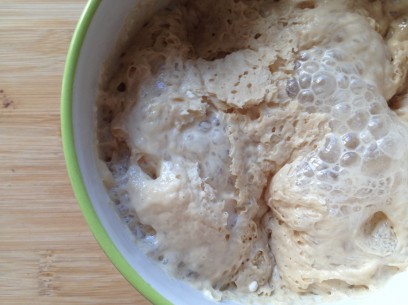 mix yeast in warm water with a spoonful of sugar, and flour - cover and set aside until proofed