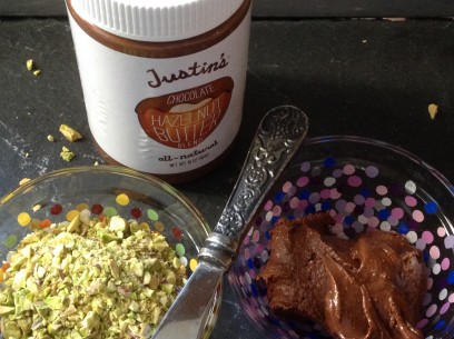 Justin's Chocolate Hazelnut Butter and chopped pistachios