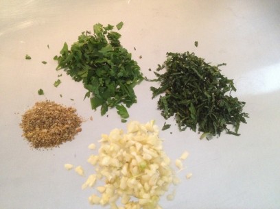 finely minced garlic, finely chopped herbs, ground coriander