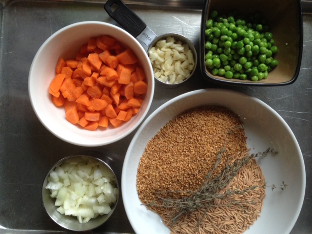 carrots, peas, toasted bulgur and orzo, thyme