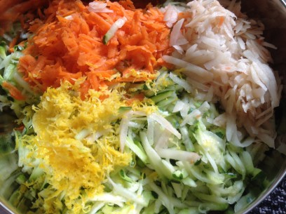 shredded zucchini, carrots, potatoes, onions and grated lemon zest