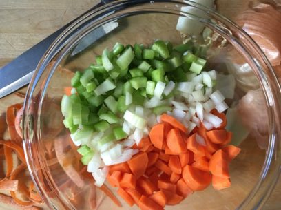 chopped carrots, celery and onions make a sweet broth base